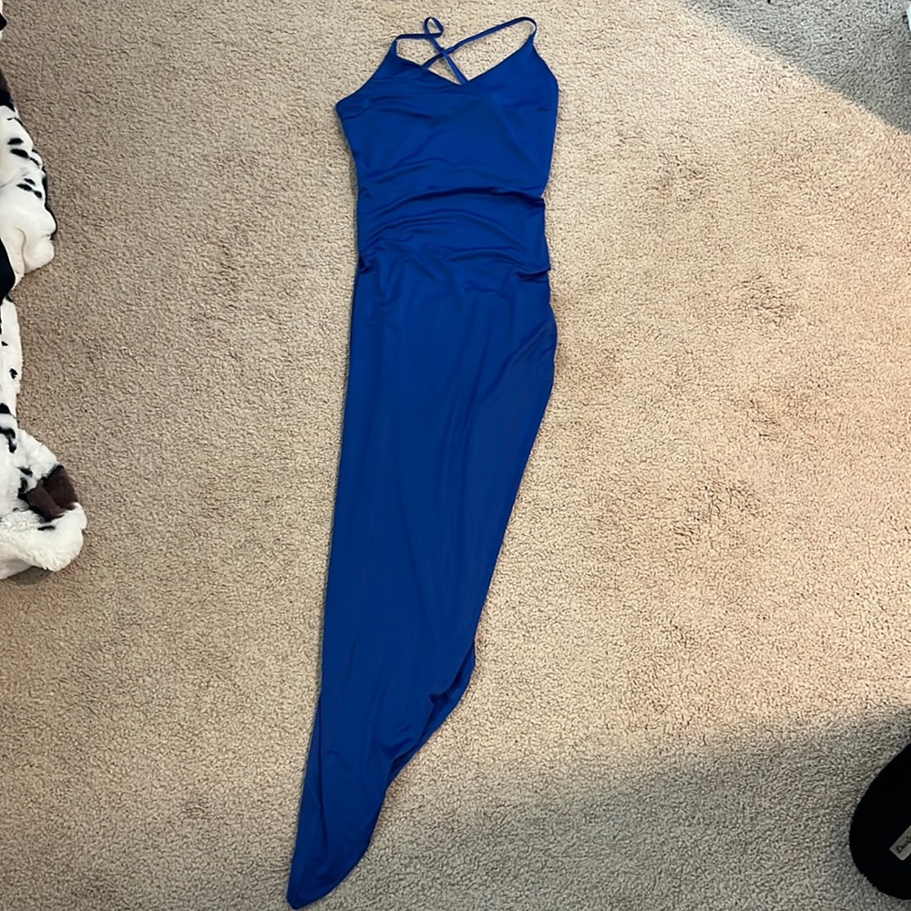 skin tight blue silk dress